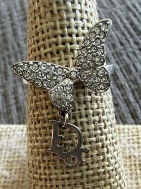 Christian Dior Logo Crystal Butterfly Charm Ring